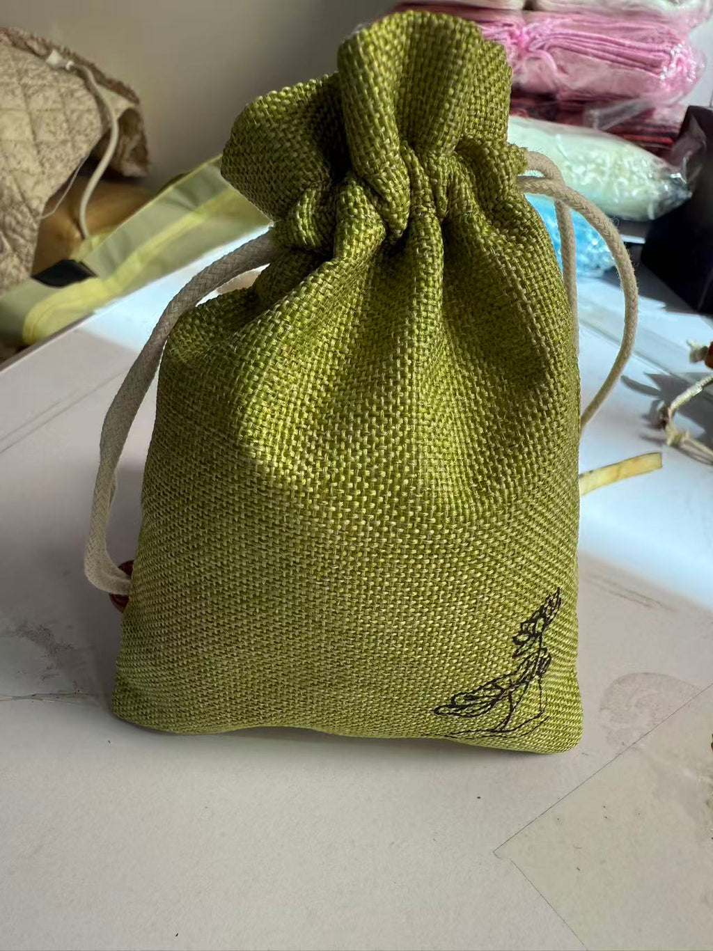 Green Burlap Drawstring Bag 3.9x5.5in (Pack of 50)