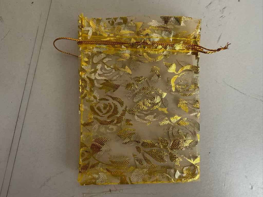 Organza Drawstring Bags with Gold Rose Print - 100pcs